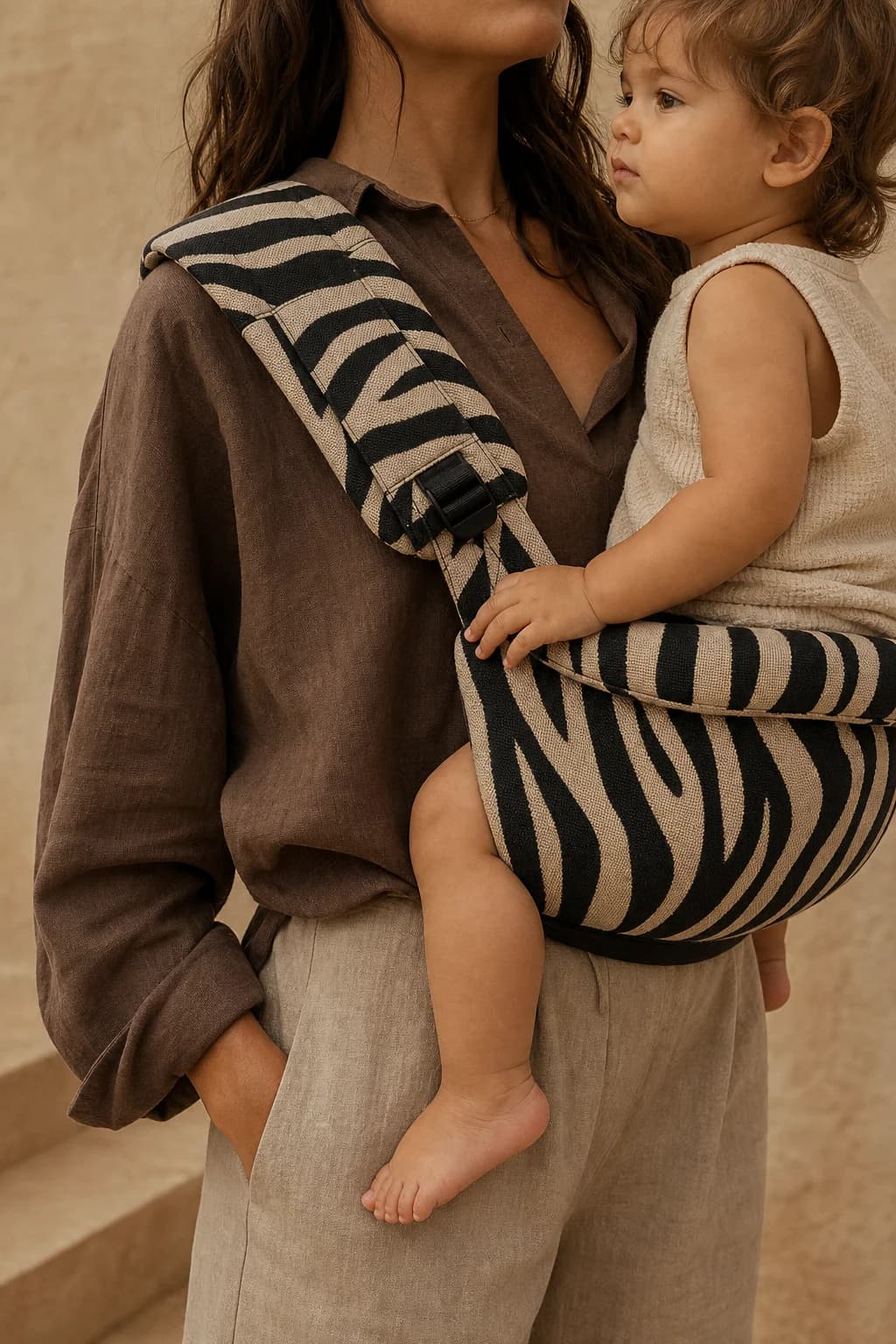 The Hipsy carrier worn over one shoulder